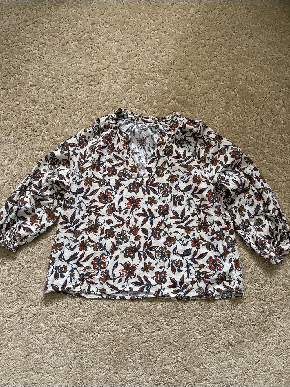 Faherty Linen Blend Floral V-Neck Blouse with Brown & Blue Print
